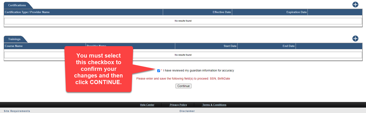 Manage GTS Profile - Review Confirmation checkbox